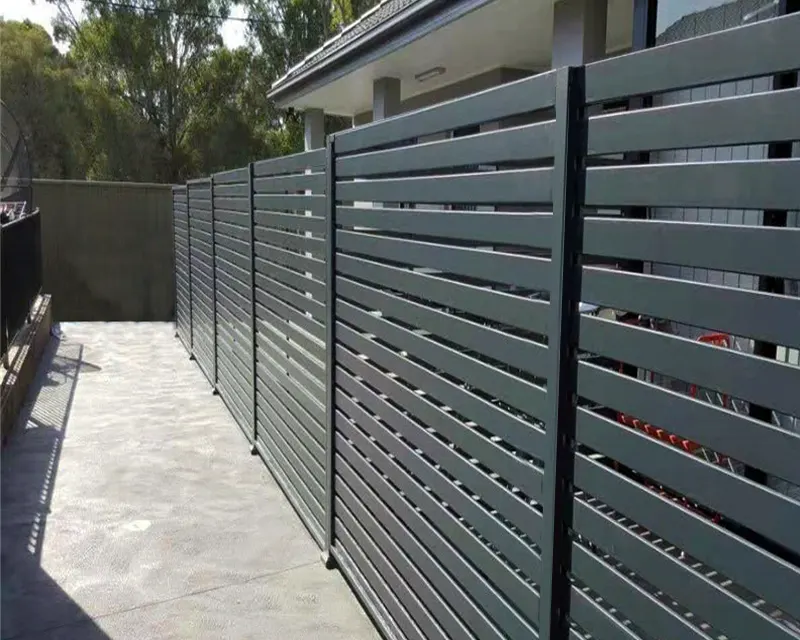 Modern charcoal aluminum fence surrounding a residence
